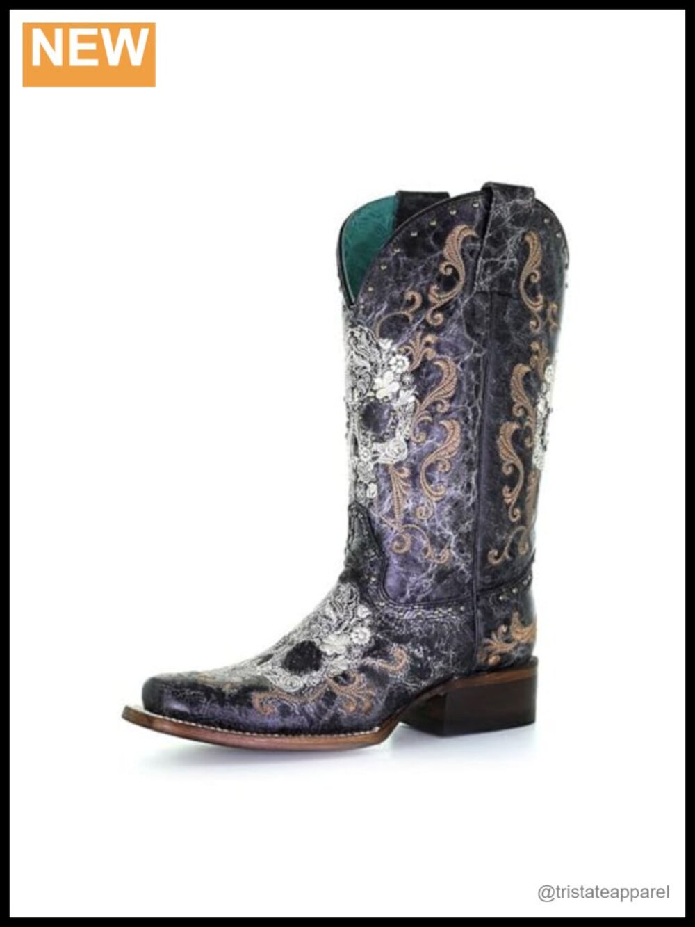 Mid-Calf Leather Western Cowboy Boots Floral Embroidery Studded Square Toe